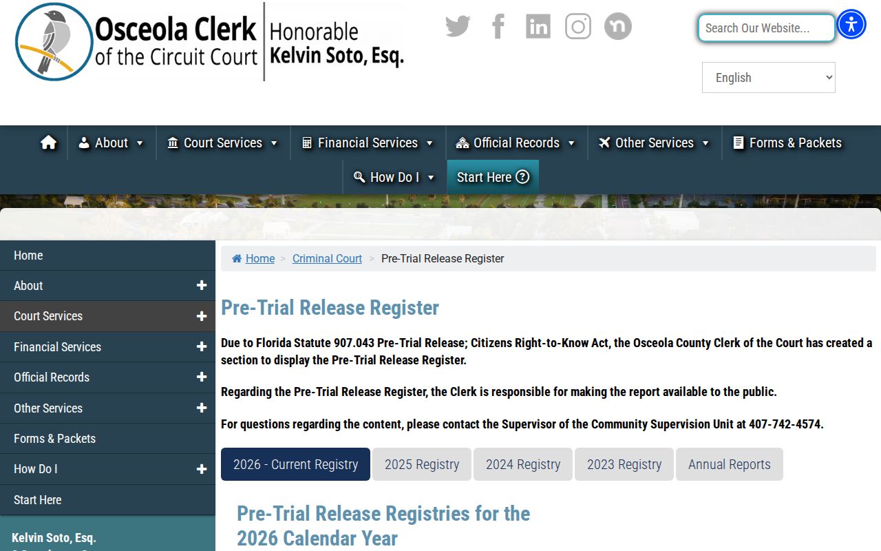 Osceola County pretrial release register used with a 72-hour release record search