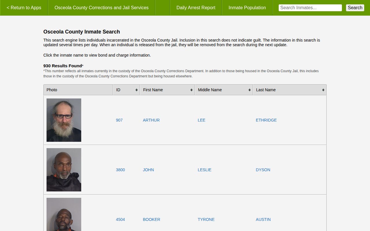 Osceola current inmate search showing photo fields and post-release removal notice