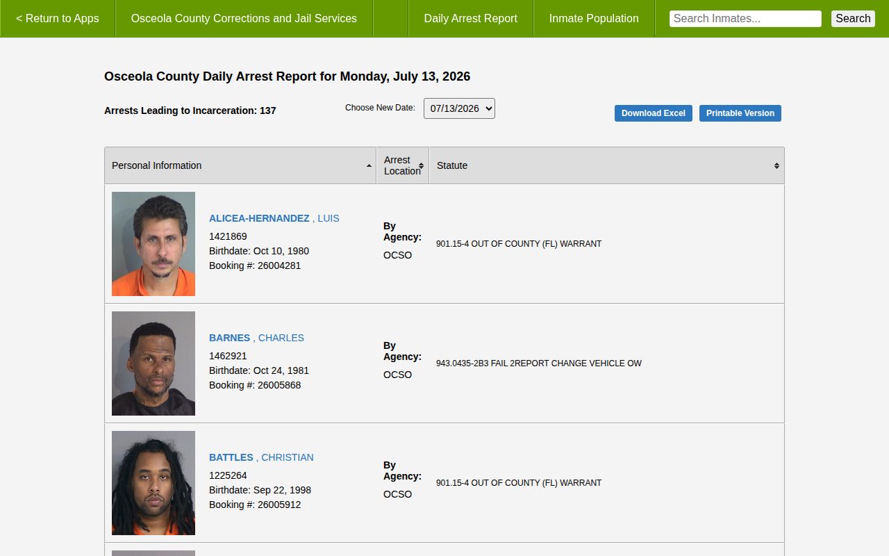 Osceola daily arrest report date selector and booking photo options