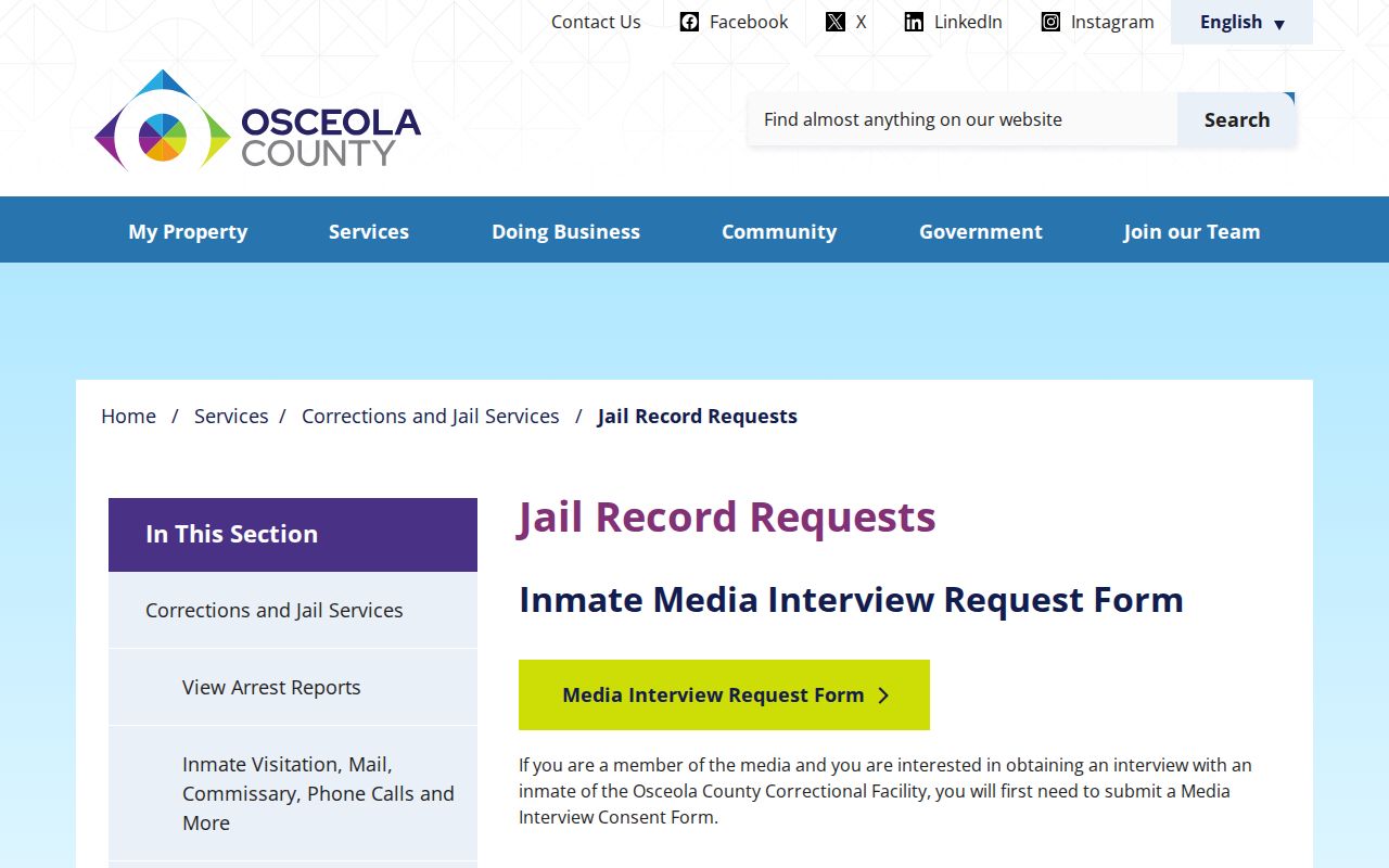Osceola jail record request page for release sheets and booking photos