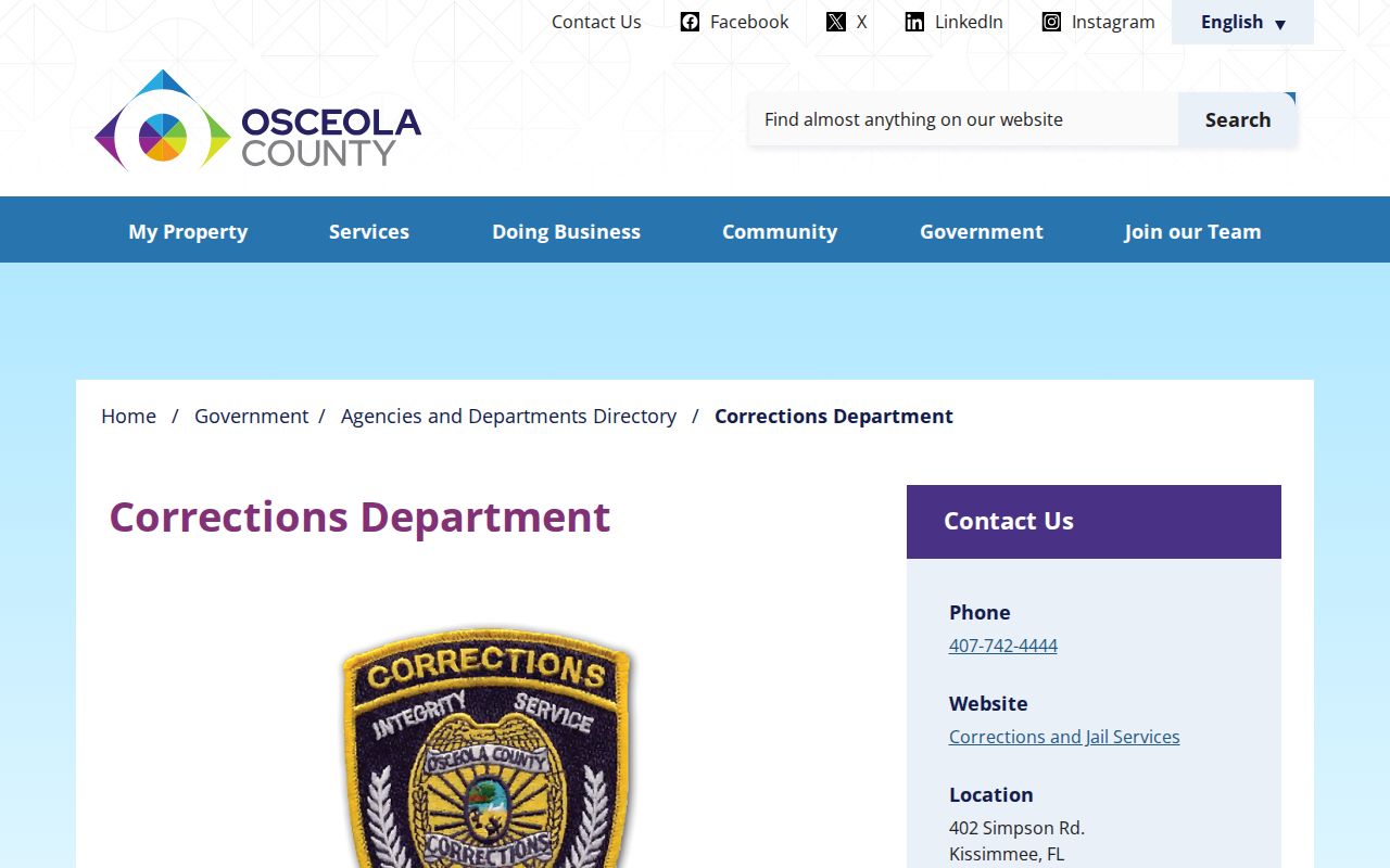 Osceola Corrections page showing county jail identity history and capacity