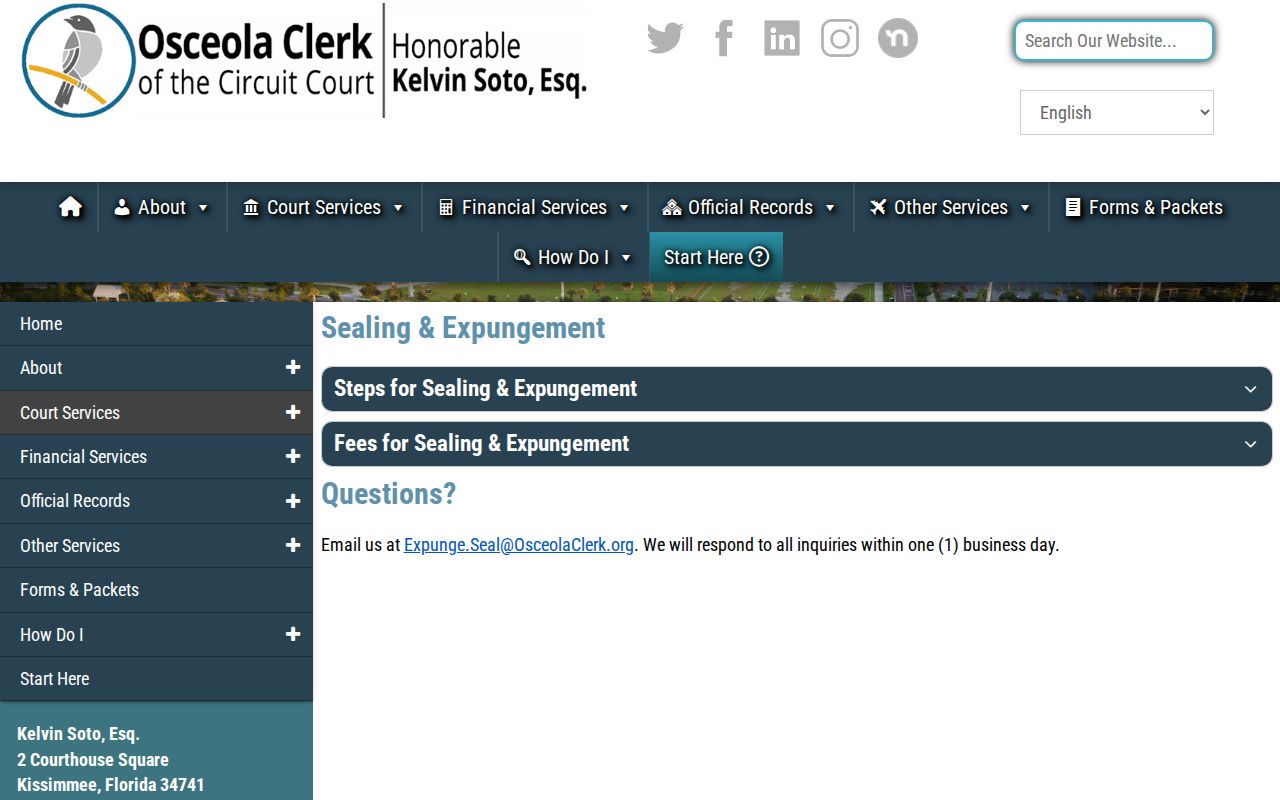 Osceola Clerk local sealing and expungement filing sequence