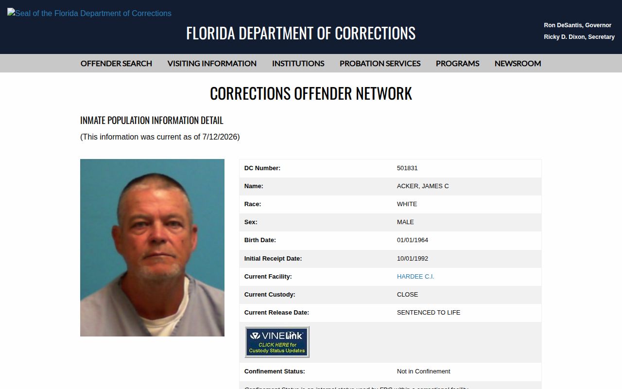 Florida FDC active inmate detail with Current Release Date field