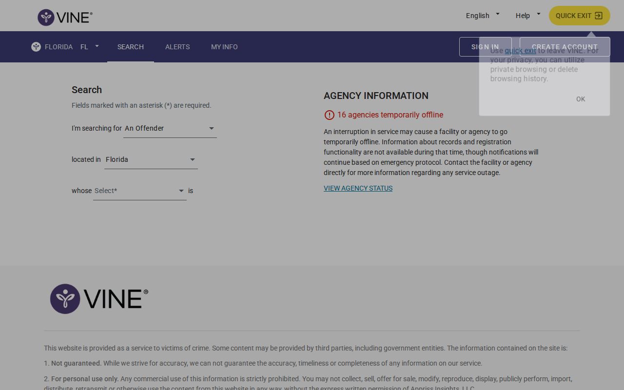 Florida VINELink specific person search screen